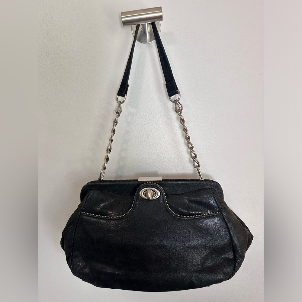HOBO Black Suede Leather Purse - Chain Straps & Purple Lining & Turn Lock Pocket
